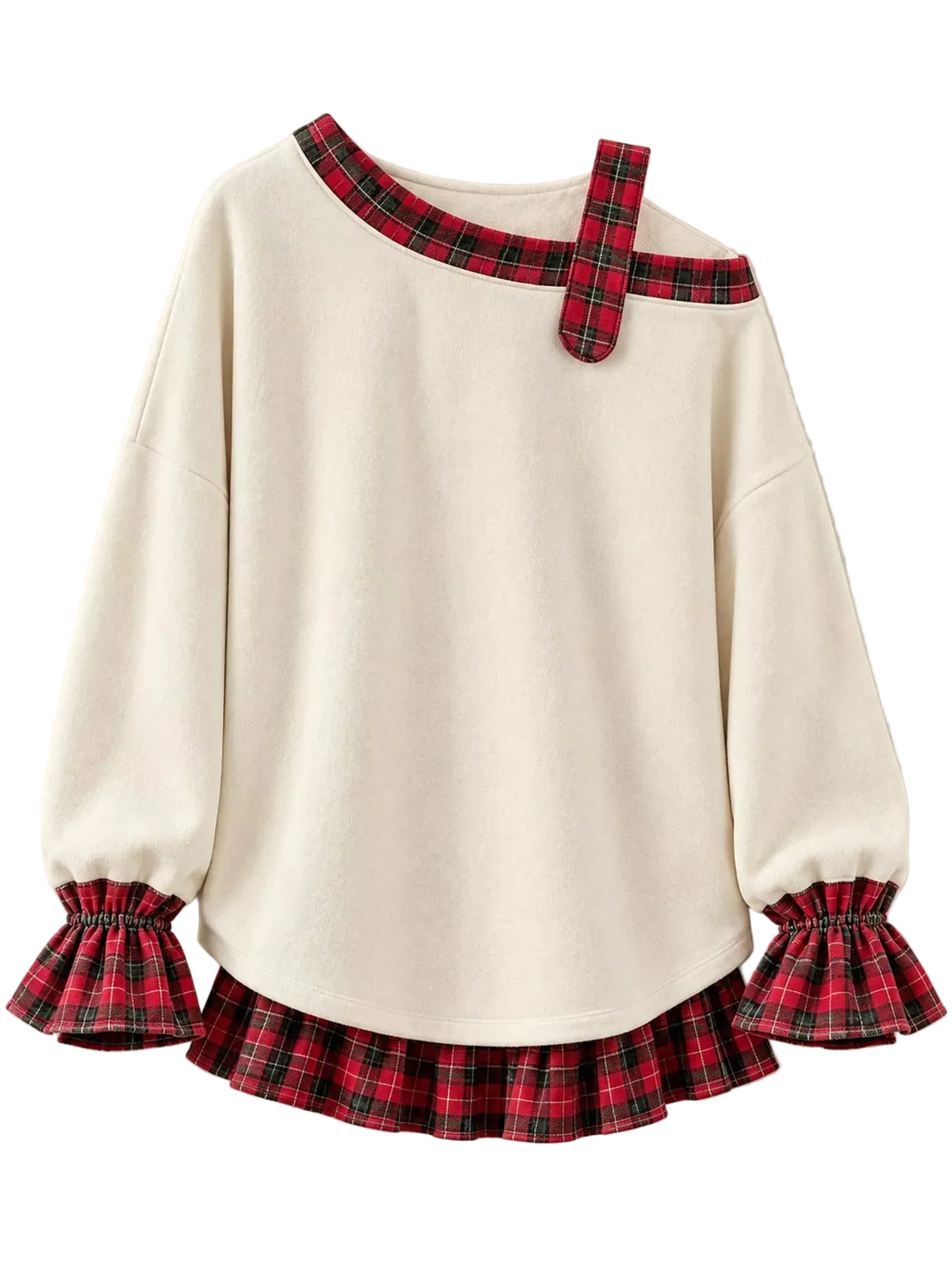 An off-the-shoulder cream-colored sweatshirt featuring red and green plaid trim on the neckline, sleeve cuffs, and hem, displayed against a neutral beige background.