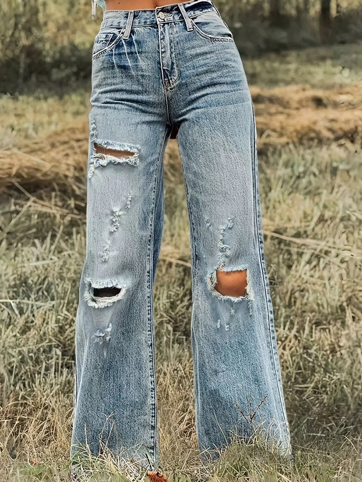 High-waisted distressed wide-leg jeans
