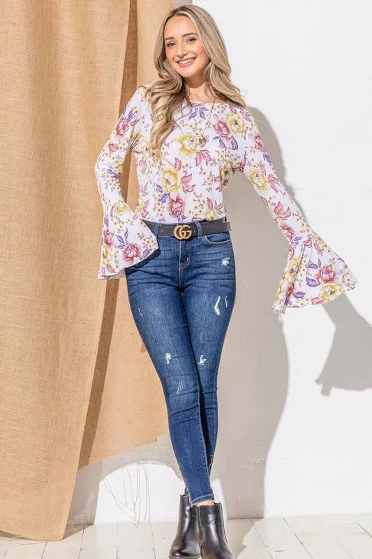Floral Printed Bell Sleeve Casual Top.