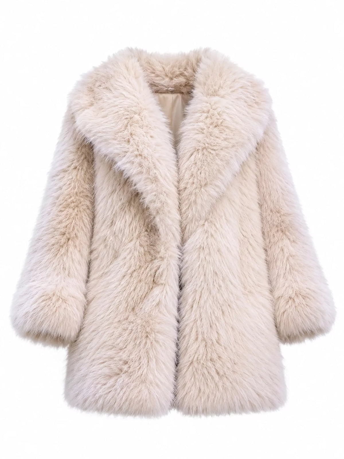 A fluffy faux fur coat in a light cream or beige color, featuring a wide collar and long sleeves, shown against a plain white background.