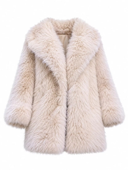 A fluffy faux fur coat in a light cream or beige color, featuring a wide collar and long sleeves, shown against a plain white background.