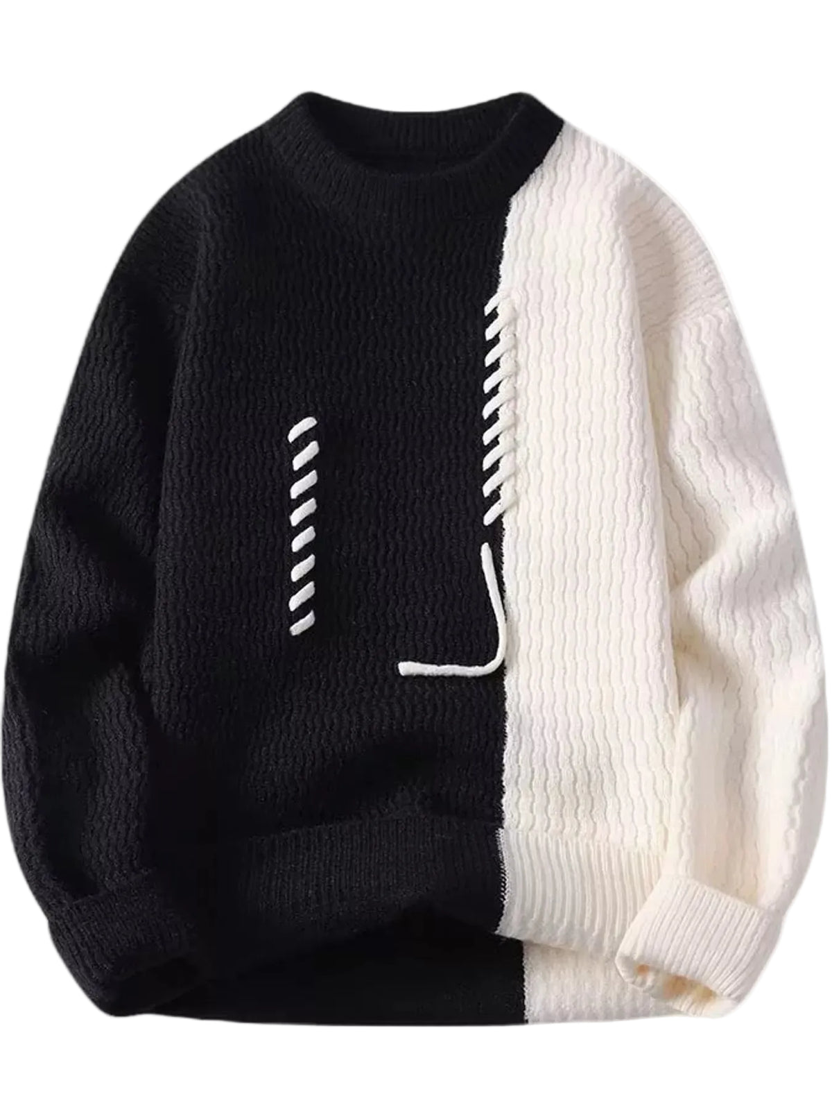A black and white color-blocked knit sweater with textured vertical panels and white graphic line details on the front, shown against a plain white background.