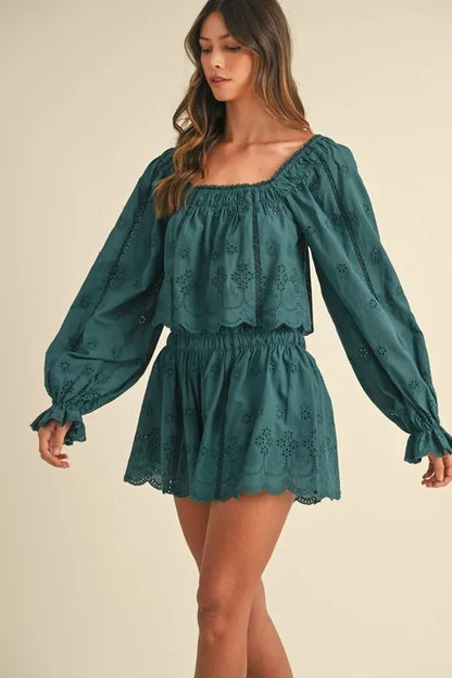 Embroidered Scalloped Lace Top and Short Set.
