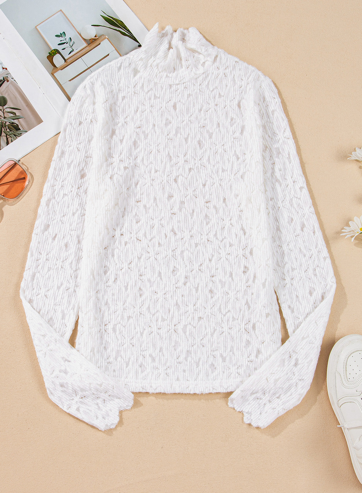 Flower Lace Mock Neck Long Sleeve Top