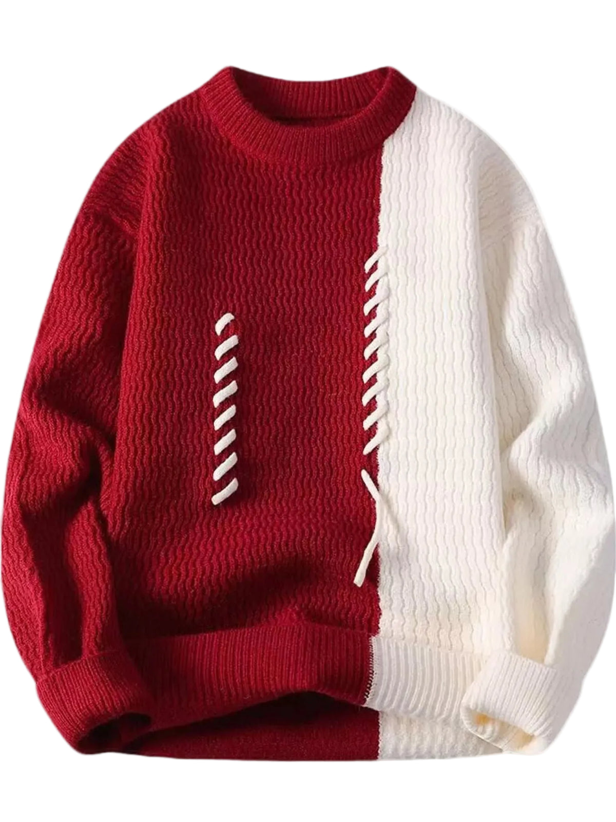 A long-sleeve knit sweater with a split design, featuring a deep red left side and an off-white/cream right side, accented with white diagonal stripe details on the chest and a white drawstring motif.