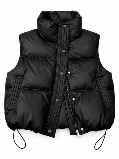 A black puffer vest with a high stand-up collar, quilted front placket, snap-button closure, zippered front, and side pockets, shown on a plain white background.