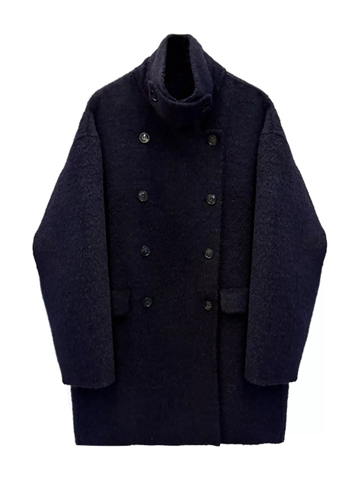 A dark navy blue textured double-breasted coat with a high folded collar and dark buttons, shown against a plain white background.