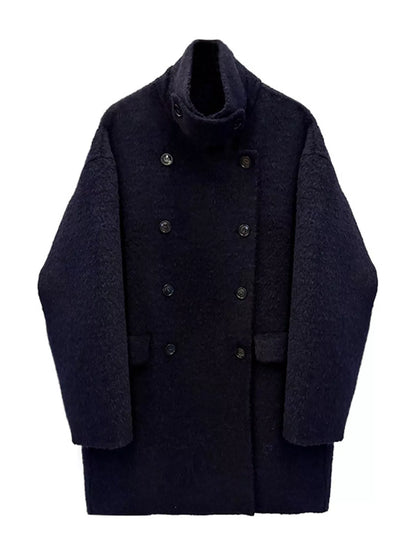 A dark navy blue textured double-breasted coat with a high folded collar and dark buttons, shown against a plain white background.