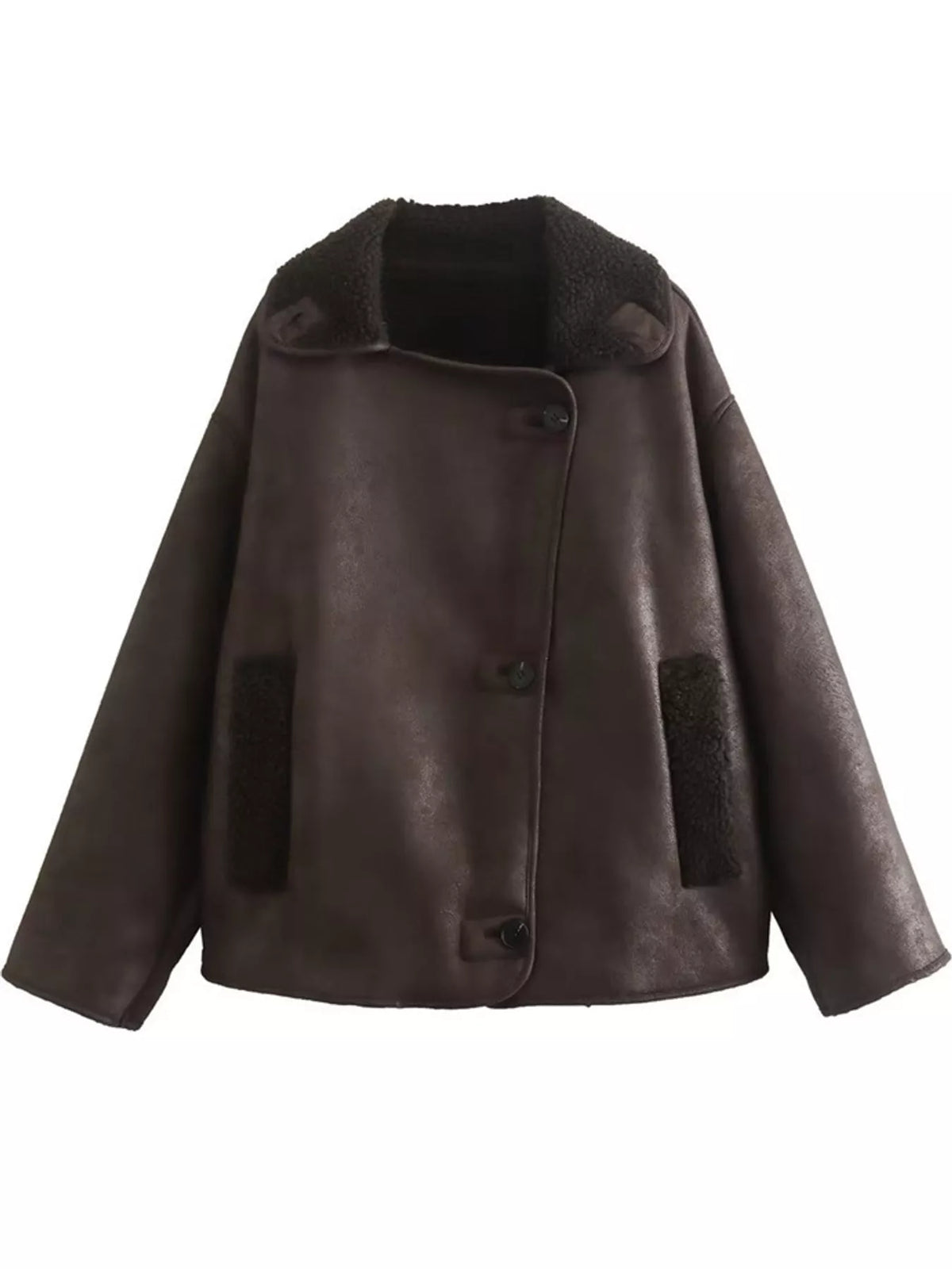 A dark brown faux-leather jacket with a plush dark brown shearling-style collar and matching dark brown patch pockets, shown against a plain white background.
