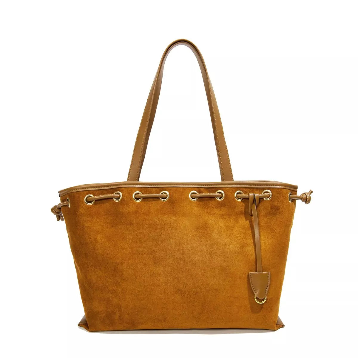 A tan suede tote bag with dual shoulder straps, drawstring eyelets, and brass-tone hardware, shown against a plain white background.