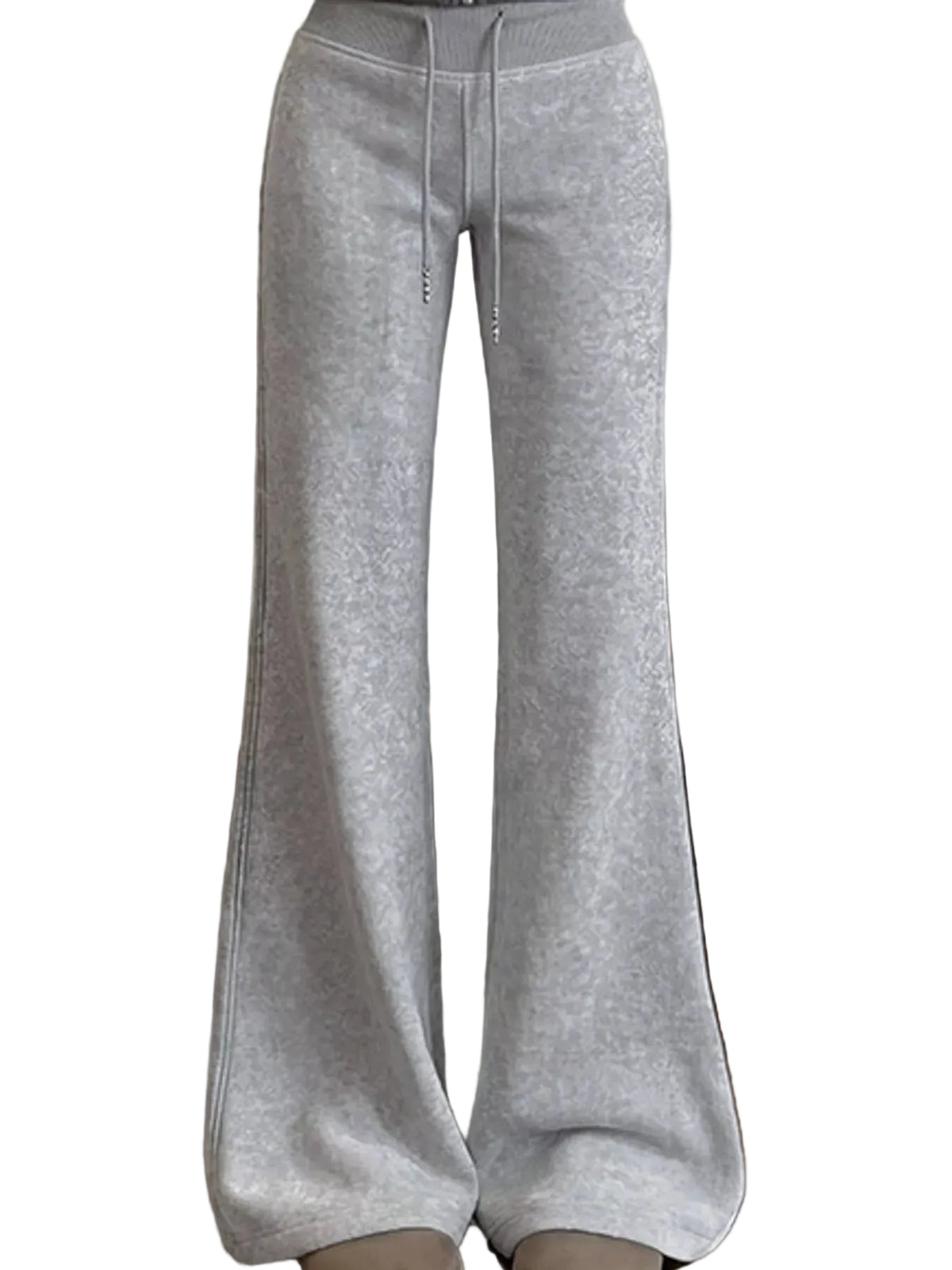 Light gray wide-leg sweatpants with a drawstring waist, shown on a model standing indoors on a wooden floor.
