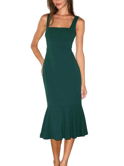 A woman modeling a dark green sleeveless midi dress with a square neckline, fitted silhouette, and flared ruffled hem against a plain white studio background.