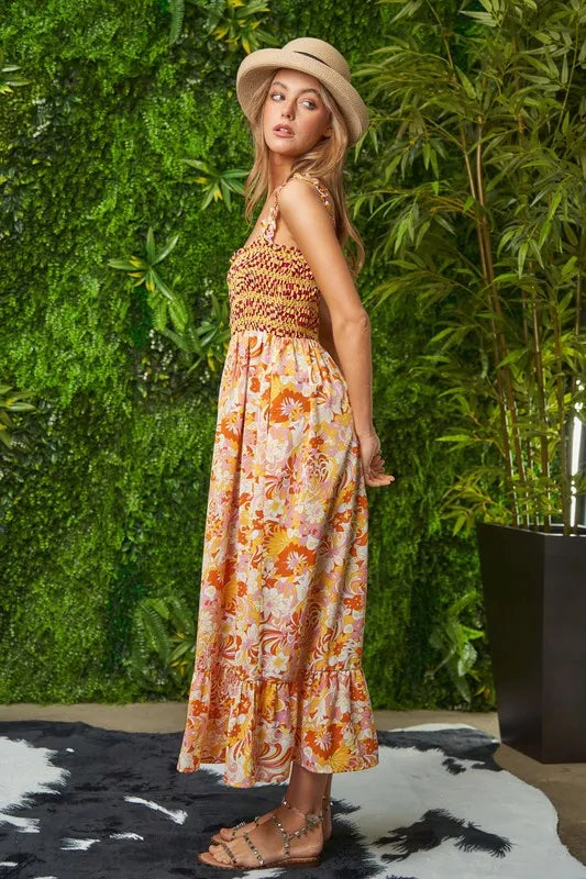 Multi Smocked Bodice Geo Ruffle Strappy Midi Dress.