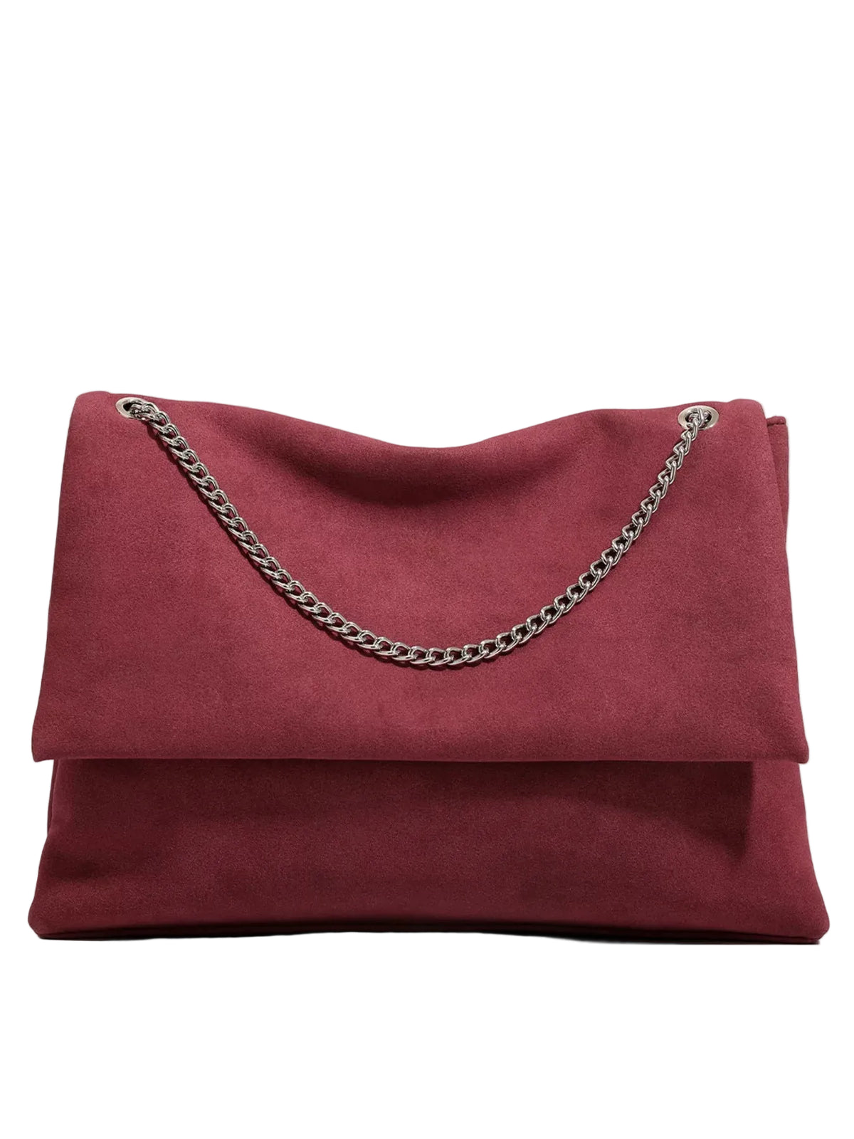 A burgundy suede clutch bag with a silver-tone chain strap, displayed against a clean white background.