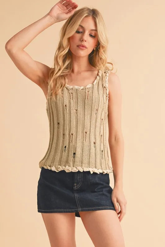 Distressed Detail Round Neck Knit Tank.