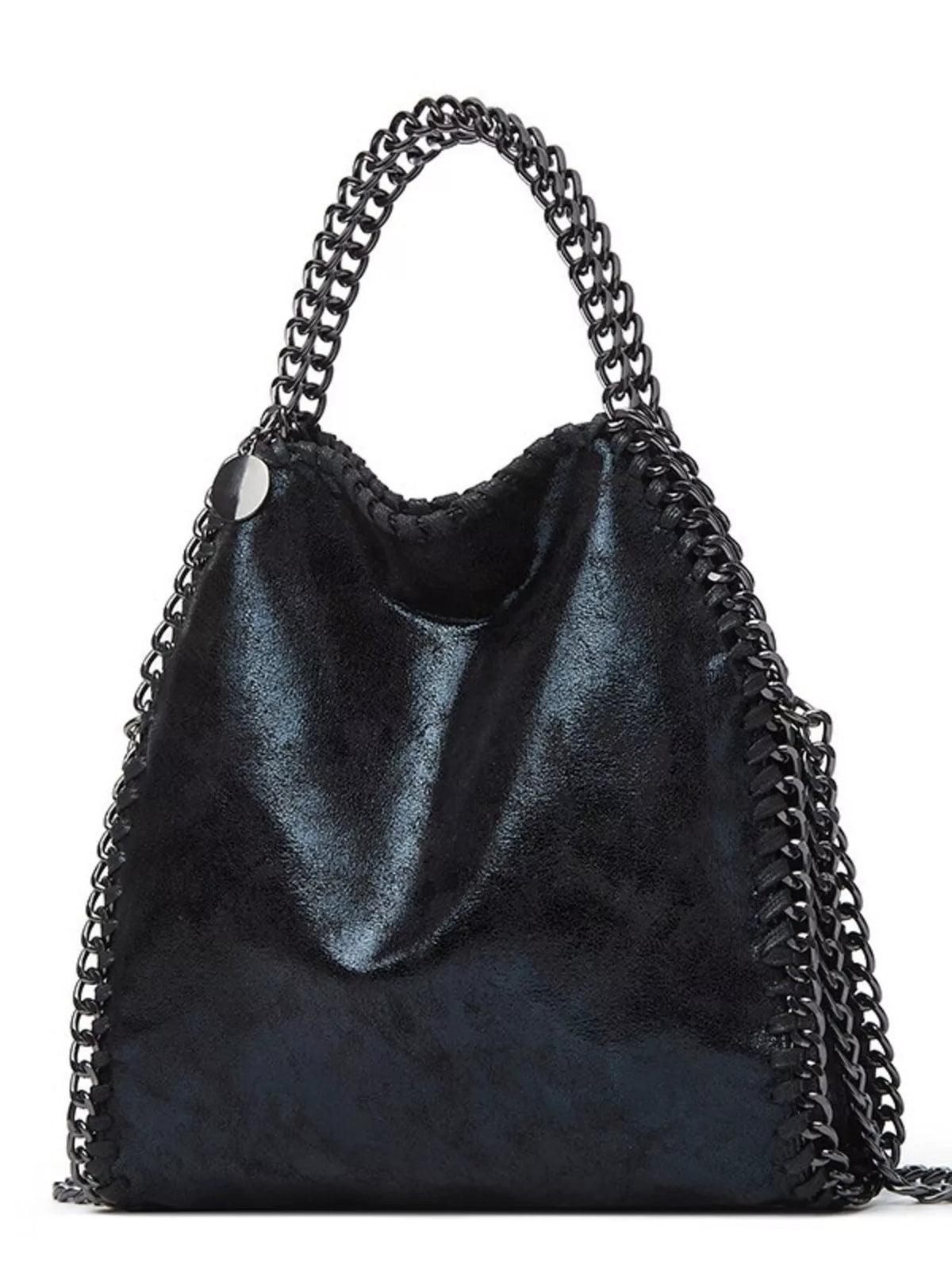 A black falley shoulder bag with a pebbled leather body and signature interlocking chain links forming the handles and side borders, shown on a plain white background.