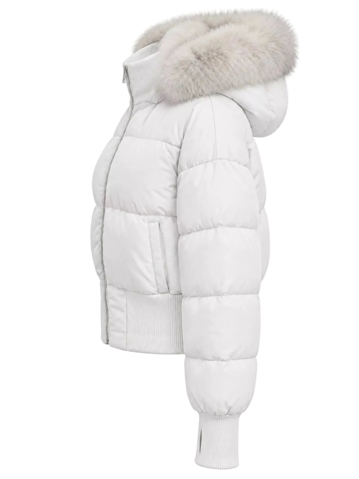 Women's white faux fur hooded puffer jacket product view | KRIFFA