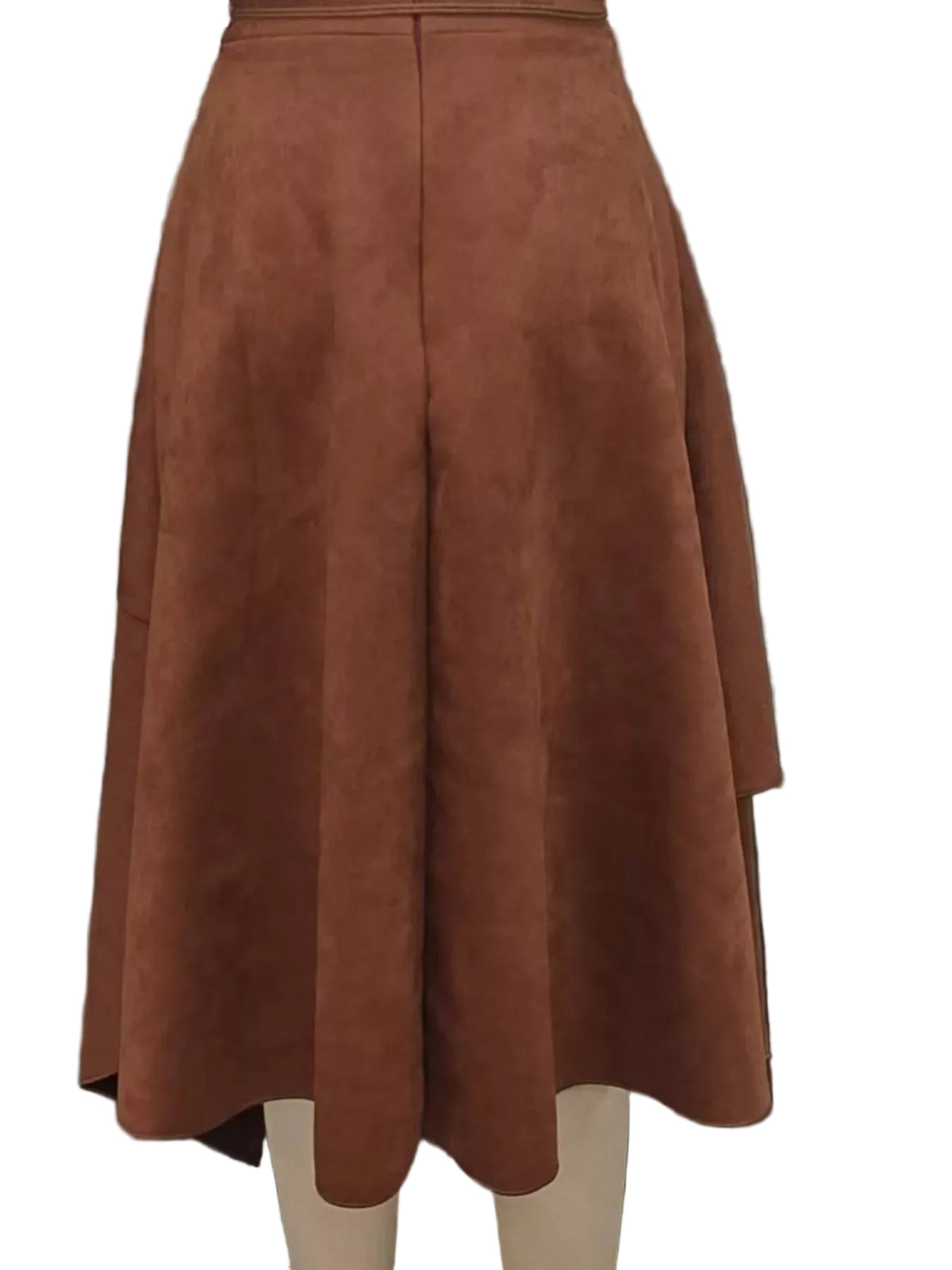 A brown suede-like A-line midi skirt displayed on a mannequin, featuring a high waist and flared silhouette.