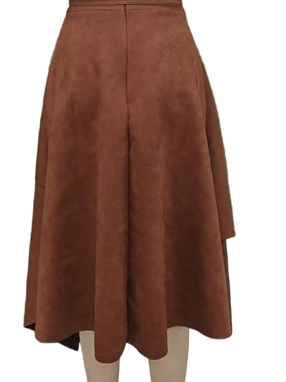 A brown suede-like A-line midi skirt displayed on a mannequin, featuring a high waist and flared silhouette.