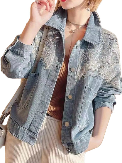 Embellished Rhinestone Snowflake Denim Jacket