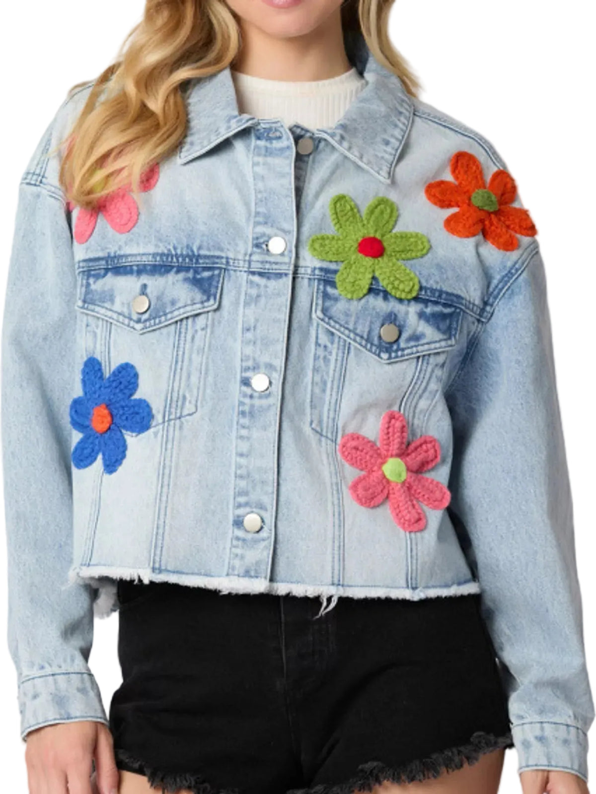 Applique Cropped Denim Jacket with Raw Hem