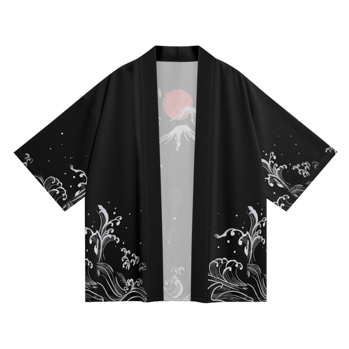 Black kimono-style garment with white wave patterns and a gray center on a white background