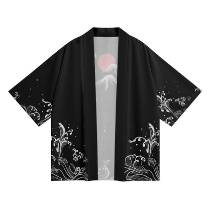 Black kimono-style garment with white wave patterns and a gray center on a white background