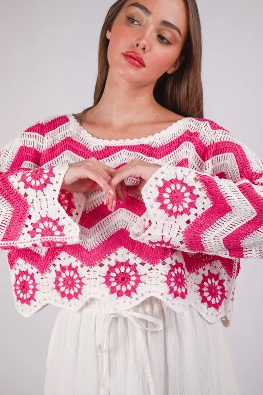 Chevron & Floral Pattern Crochet Knit Top.