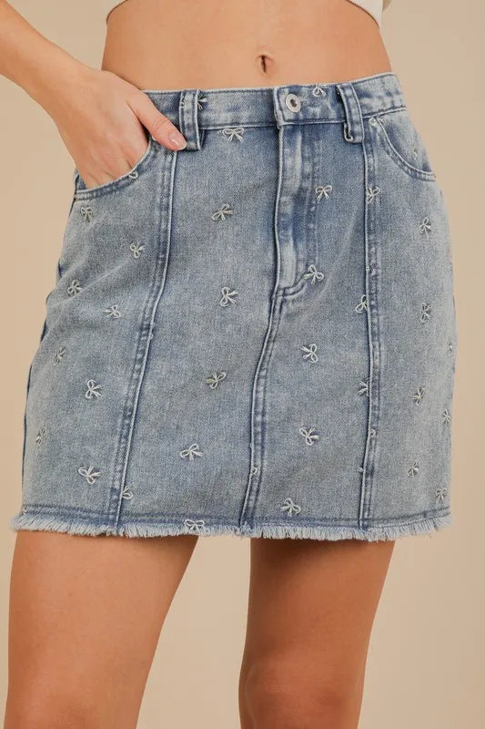 Bow Printed Casual Denim Mini Skirt.