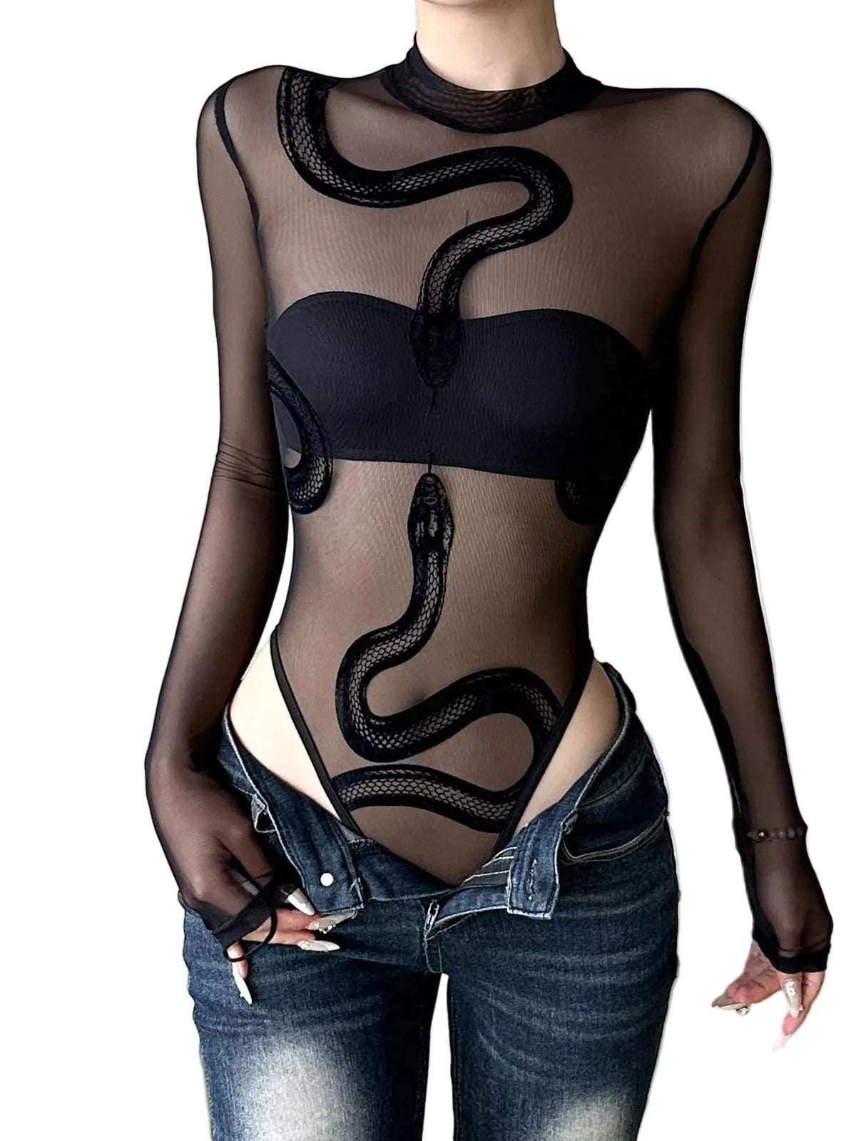 Person wearing a black sheer outfit with snake design and blue jeans.