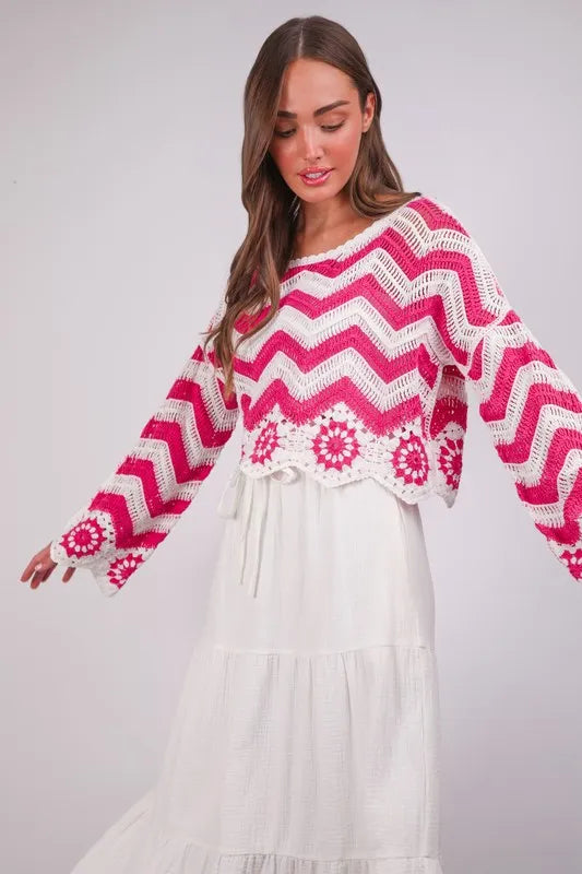 Chevron & Floral Pattern Crochet Knit Top.