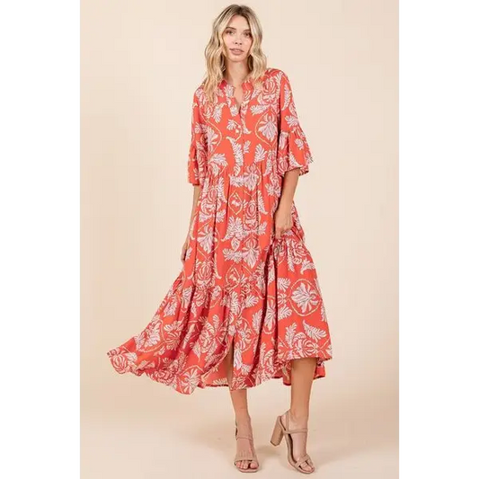 Abstract Leaf Print Tiered Ruffle Dress.