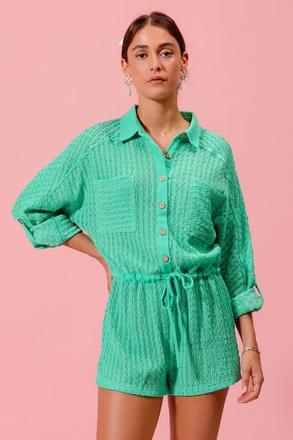 Textured Knit Button Front Romper.