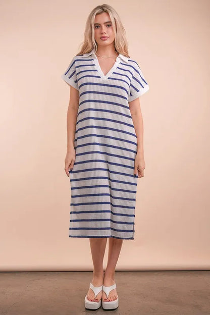 Oversized Collared Striped Knit Midi Dress.