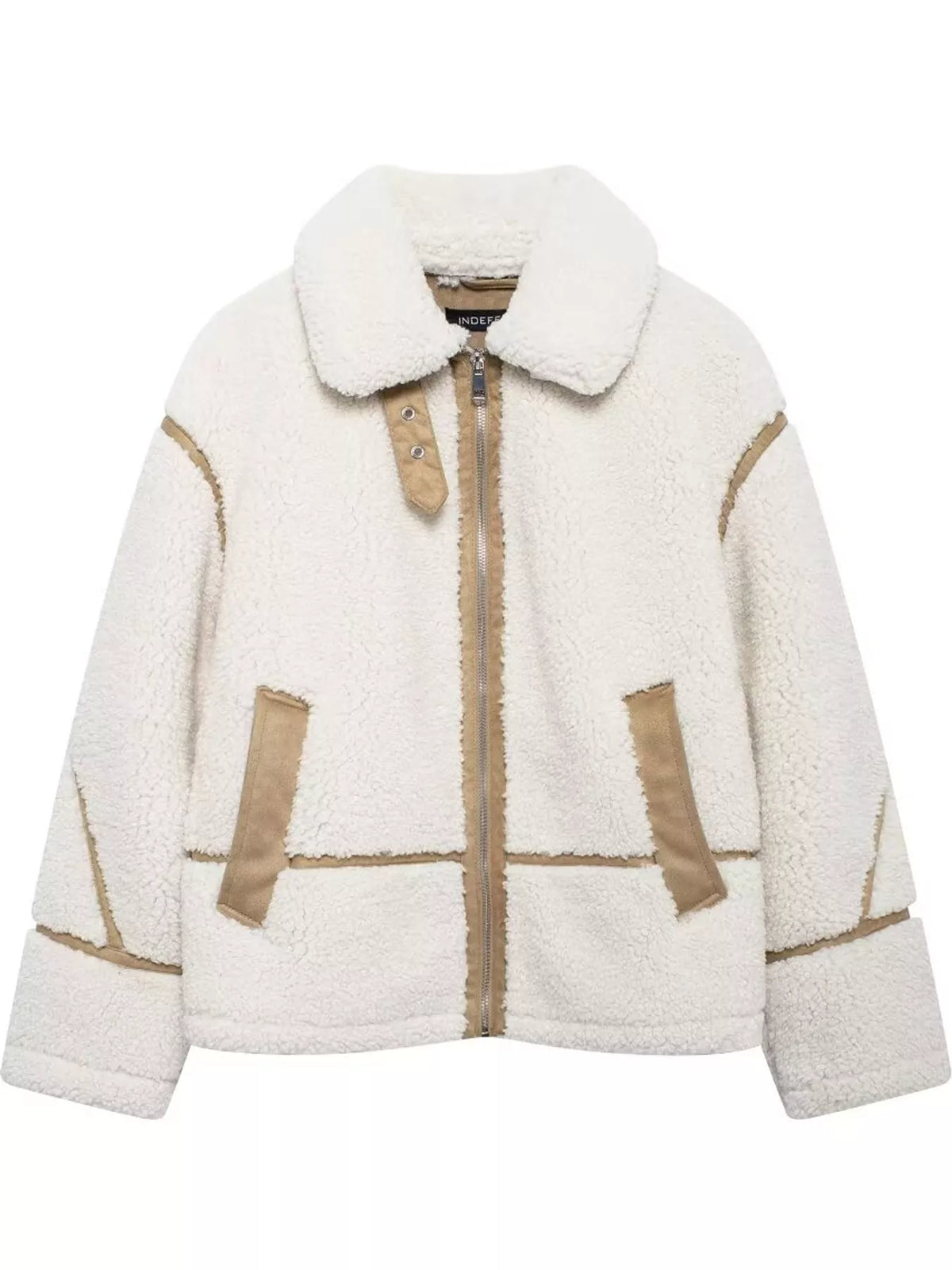 Women's cream sherpa zip jacket alternate view with black trim | KRIFFA