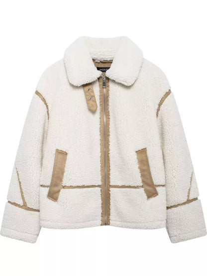 Women's cream sherpa zip jacket alternate view with black trim | KRIFFA