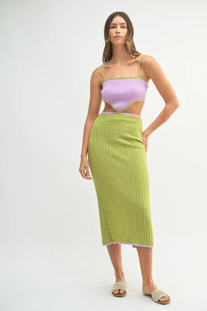 Ribbed Knit Color Block Cutout Midi Dress.