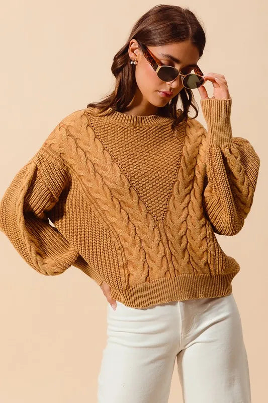 Mineral Washed Loose Fit Textured Cable Sweater.