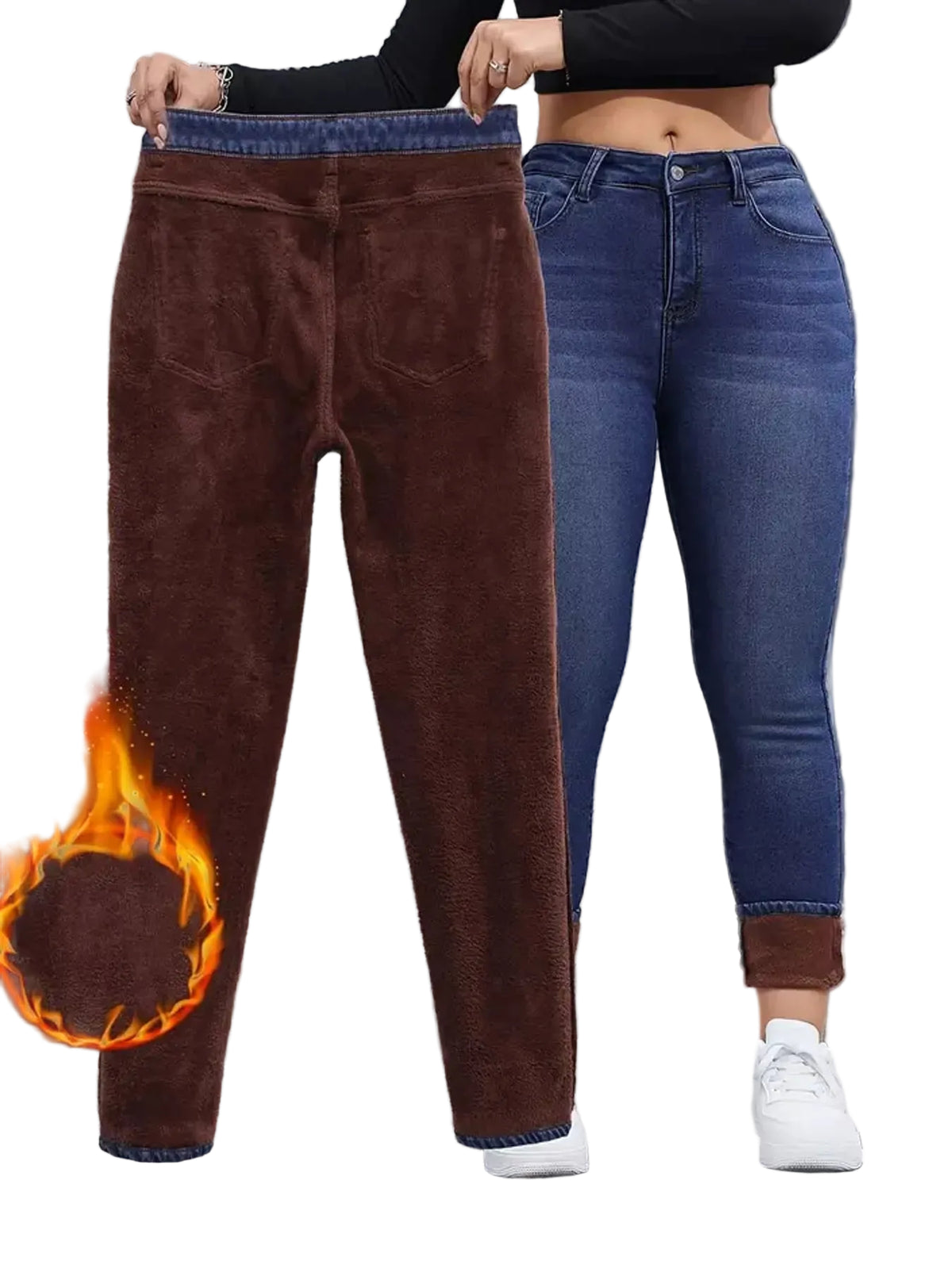 A pair of brown fleece-lined pants is shown held up next to a model wearing blue jeans, with a flame graphic highlighting the warm lining. The background is a gray metal roll-up door.