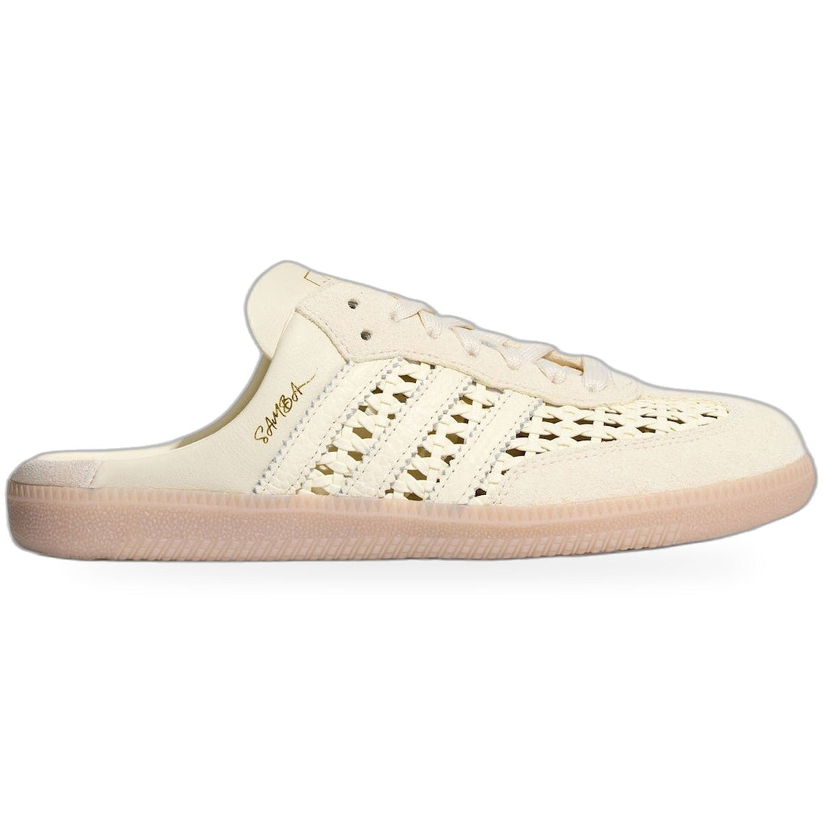A cream-colored Adidas Samba slip-on shoe with gold-tone perforated side stripes, a gold 'Samba' script logo, and a light pinkish-tan sole, shown against a plain white background.