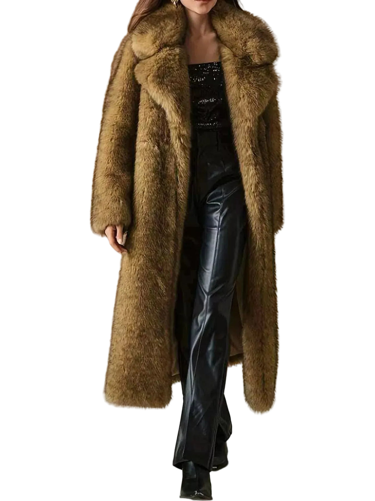 A woman models a long, plush brown faux fur coat with a wide collar, worn over a black sequined top and black leather pants, against a solid beige studio background.