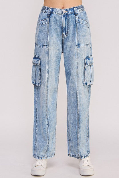 High Waisted Baggy Denim Cargo Ankle Length Denim