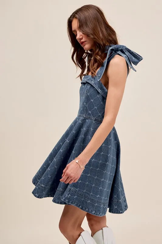A Line Fit and Flare Diamond Bow Ribbon Denim Dres.