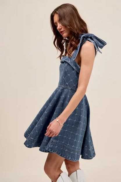 A Line Fit and Flare Diamond Bow Ribbon Denim Dres.
