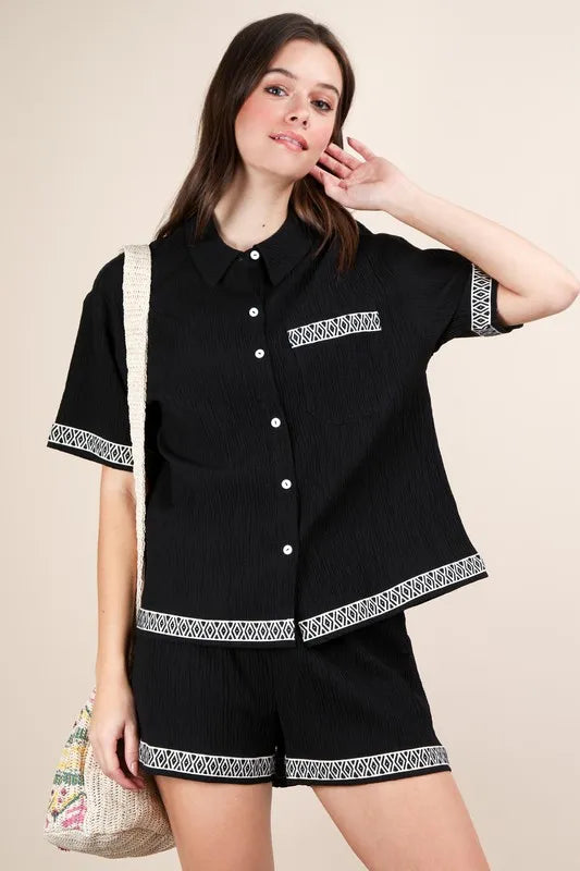 Crinkled Woven Shirt Top & Shorts Set.