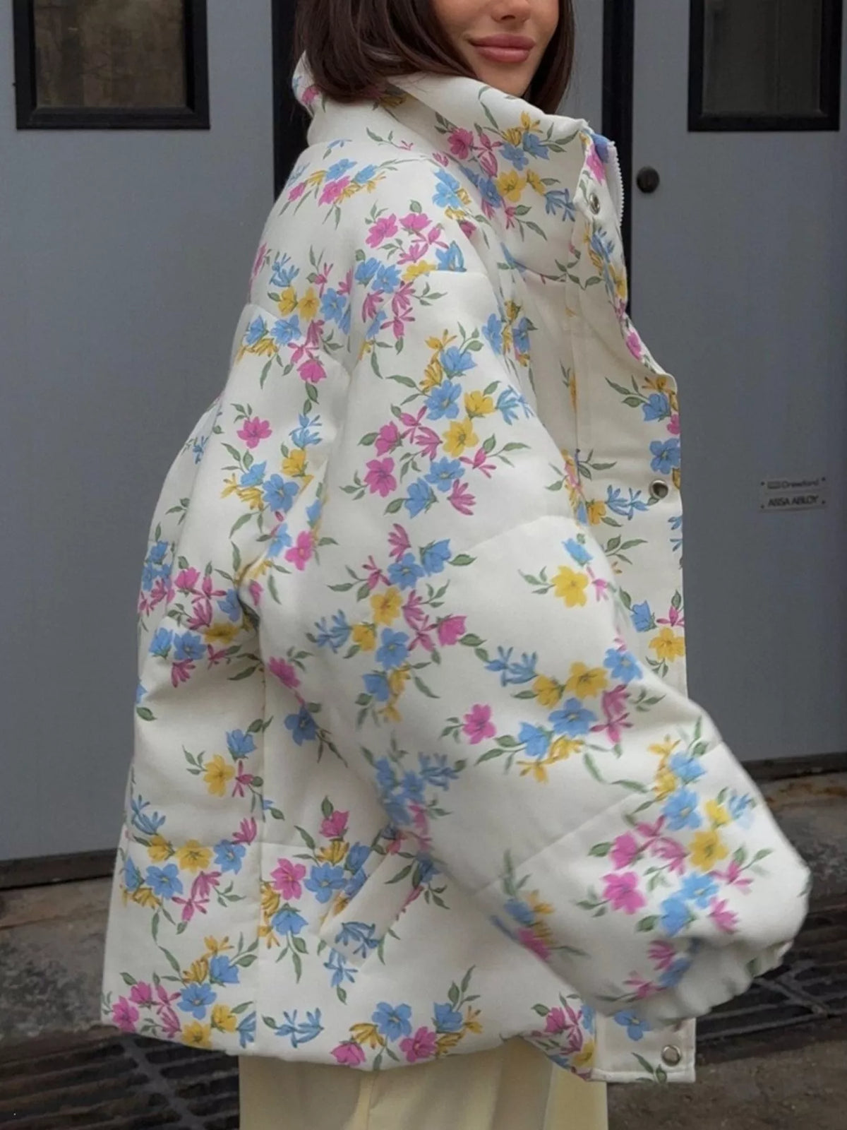 Floral print puffer jacket with stand collar