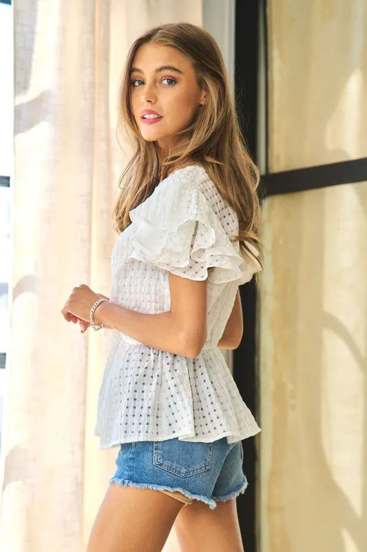 Shirring V-Neck Ruffle Gingham Plaid Printed Top.