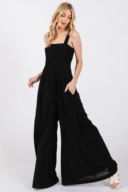 Smocked Flowy Wide Leg Jumpsuit.