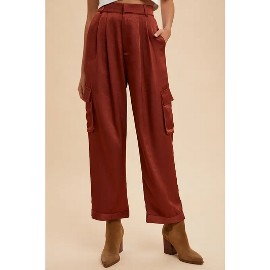 Annie Wear Wide Leg Cargo Satin Pants.