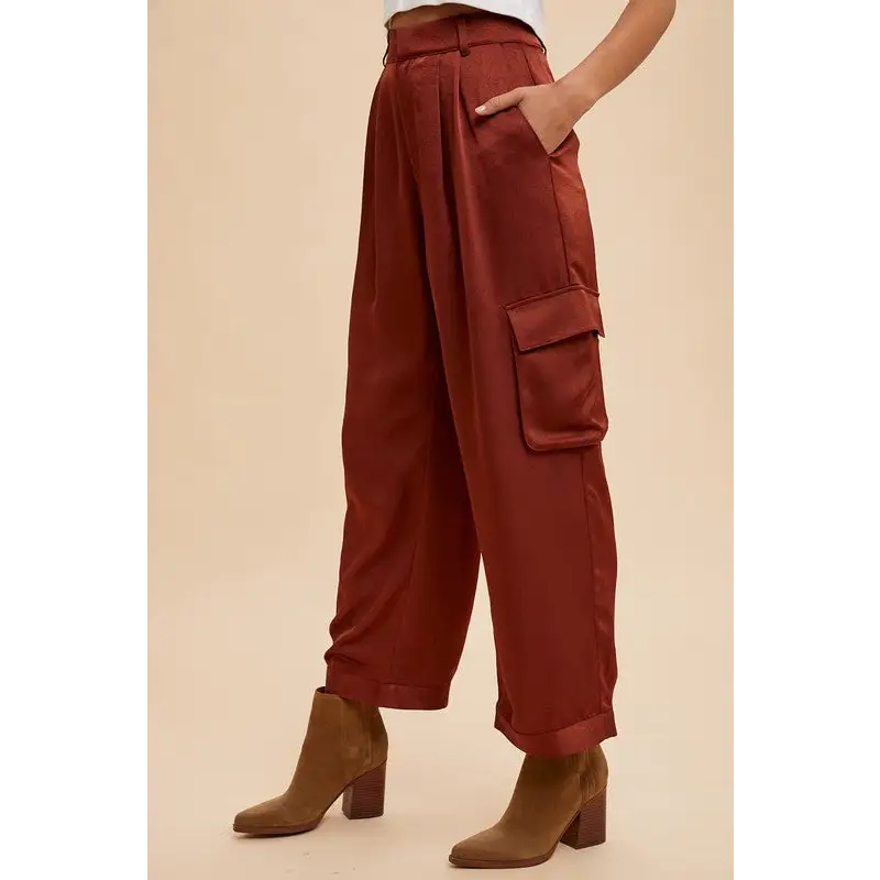 Annie Wear Wide Leg Cargo Satin Pants.